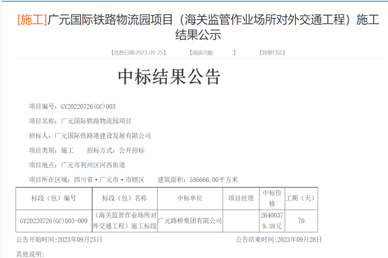 喜報(bào):路橋集團(tuán)成功中標(biāo)廣元國際鐵路物流園項(xiàng)目(海關(guān)監(jiān)管作業(yè)場所對(duì)外交通工程)